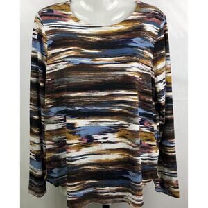 Cupio Top Women XL Brown Stripe Viscose Stretch Knit Hi-Low Round Hem Blouse